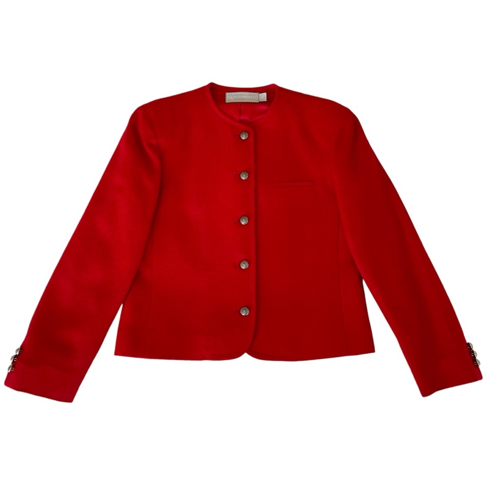 100% Pure Wool Red Lady Jacket Evan Picone Size 8 Union Made Collarless Blazer